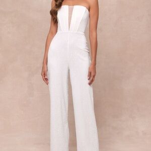 Lulus Glamorous Spirit White Sequin Strapless Bustier Jumpsuit - Size XS